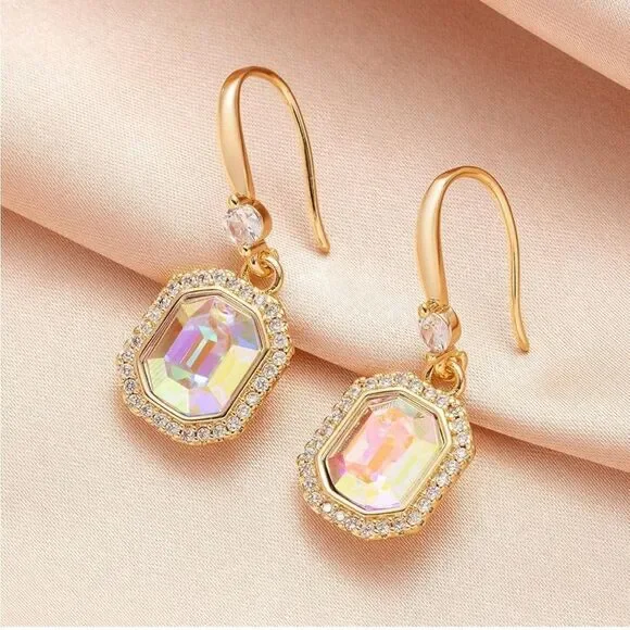 14K Yellow Gold with Iridescent AB Austrian Crystal Octagon Halo Hook Earrings